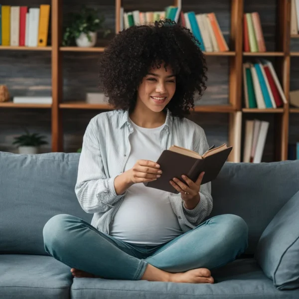Femme en etat de grossesse en train de lire un livre pour femme enceinte